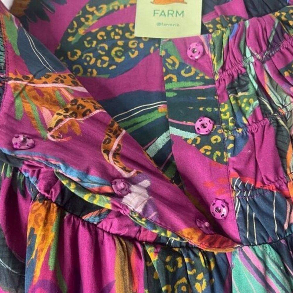FARM Rio Rainbow Macaws Mini Dress Balloon Sleeves Cotton Dress Size Medium - Picture 5 of 10
